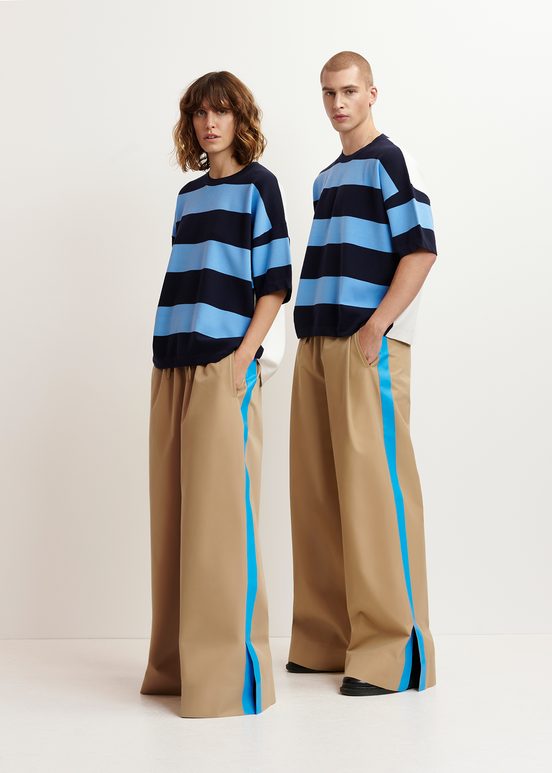 Beige wide-leg pants with blue stripes