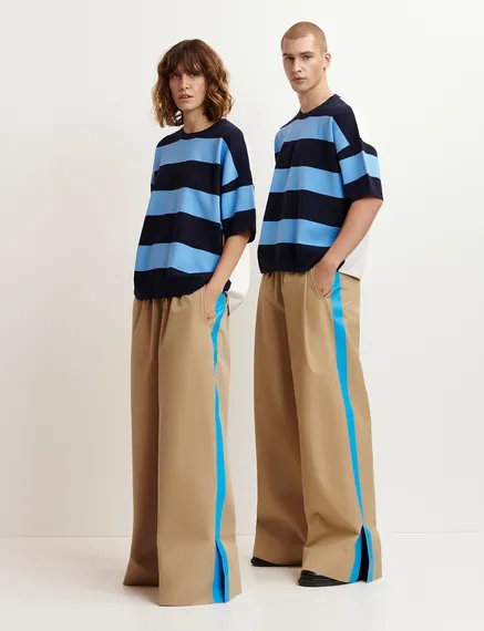 Beige wide-leg pants with blue stripes