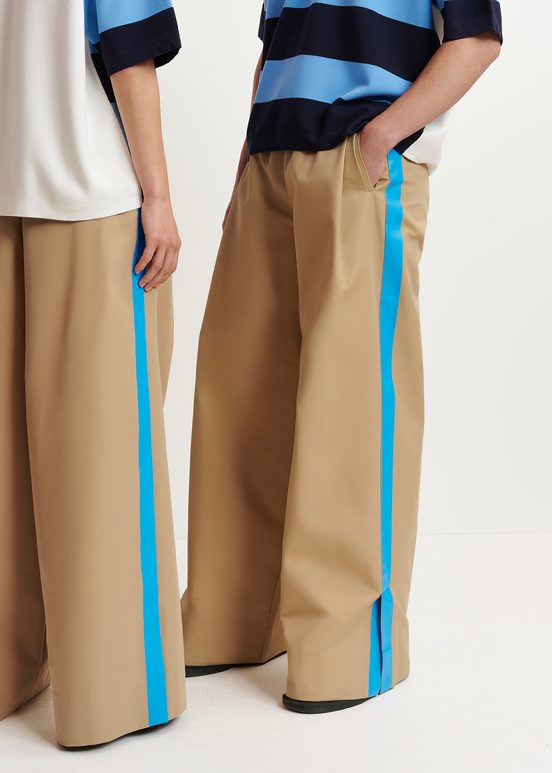 Beige wide-leg pants with blue stripes