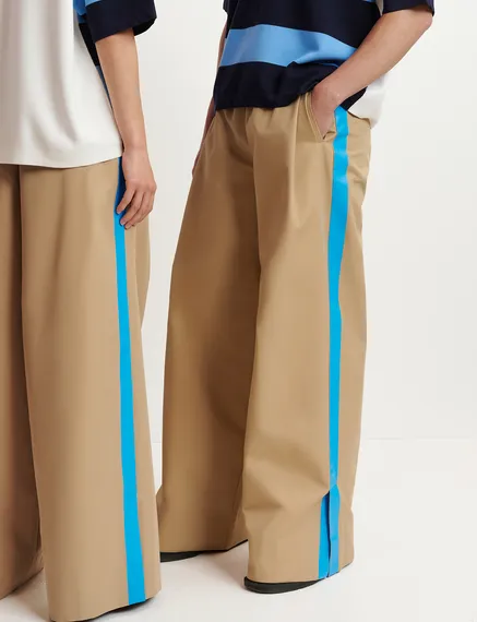 Beige wide-leg pants with blue stripes