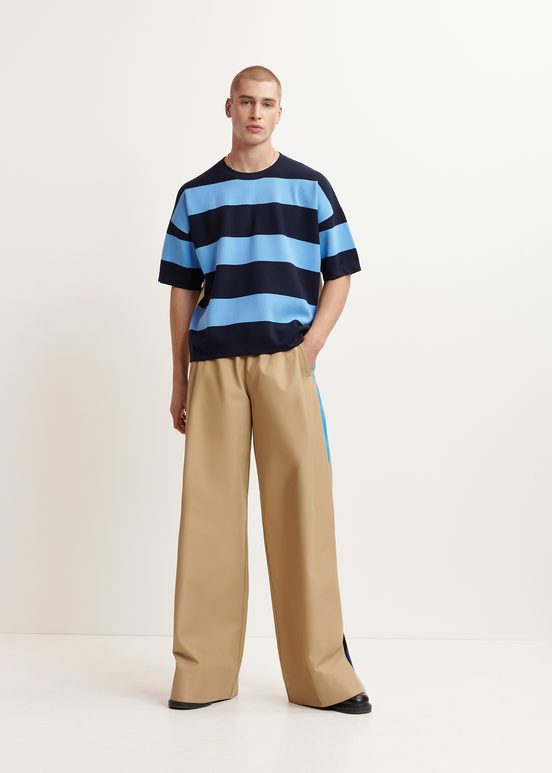 Beige wide-leg pants with blue stripes