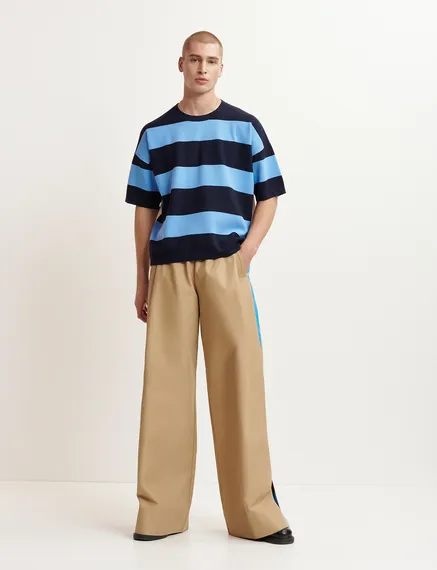 Beige wide-leg pants with blue stripes