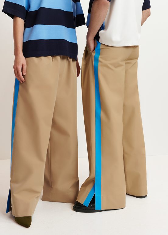 Beige wide-leg pants with blue stripes