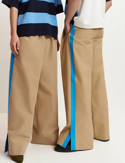 Beige wide-leg pants with blue stripes