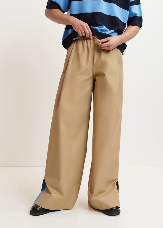 Beige wide-leg pants with blue stripes