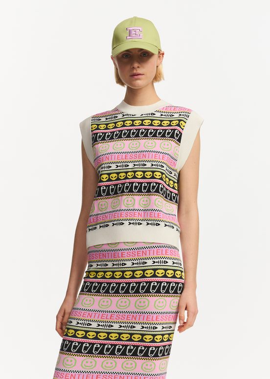 Multicolor jacquard-knitted sleeveless top