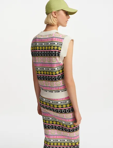 Multicolor jacquard-knitted sleeveless top