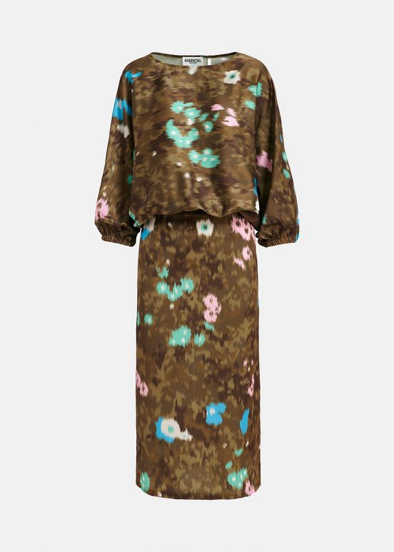 Khaki floral print midi-length dress