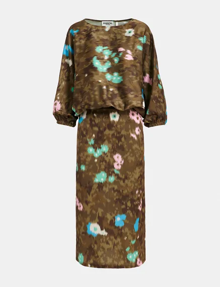 Khaki floral print midi-length dress