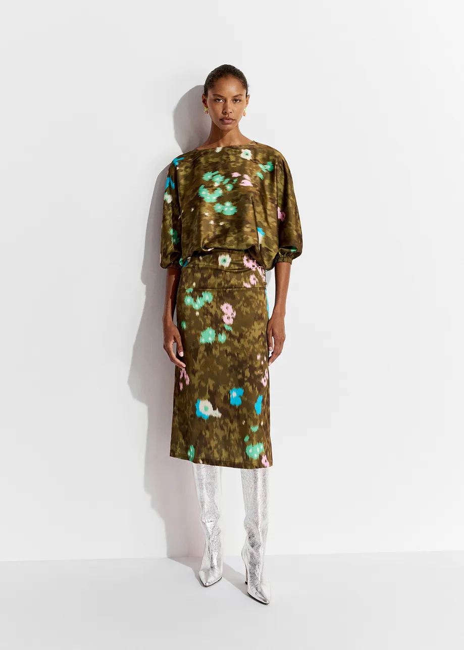 Khaki floral print midi-length dress