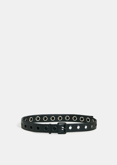 Black faux leather eyelet-embellished belt