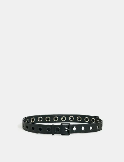 Black faux leather eyelet-embellished belt