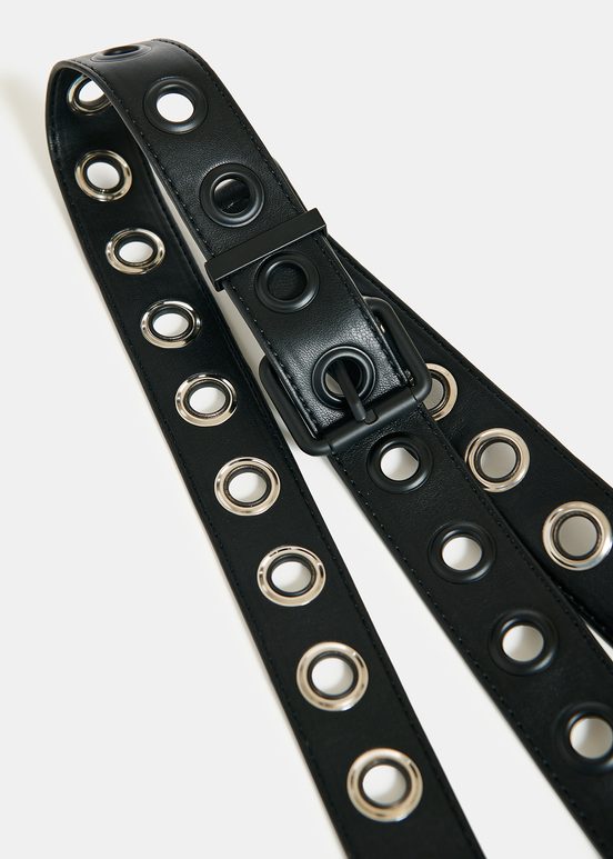 Black faux leather eyelet-embellished belt