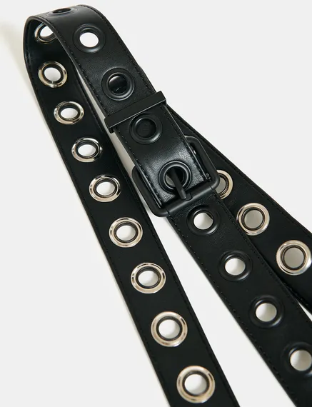 Black faux leather eyelet-embellished belt