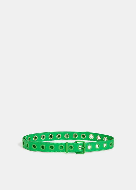 Green faux leather eyelet-embellished belt