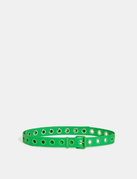 Green faux leather eyelet-embellished belt