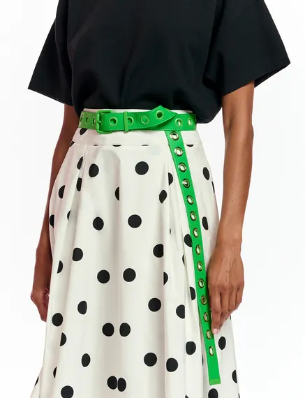 Green faux leather eyelet-embellished belt