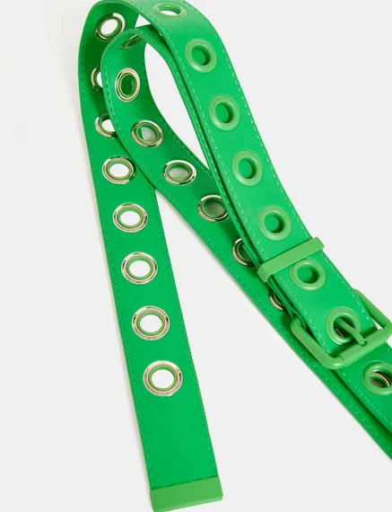 Green faux leather eyelet-embellished belt