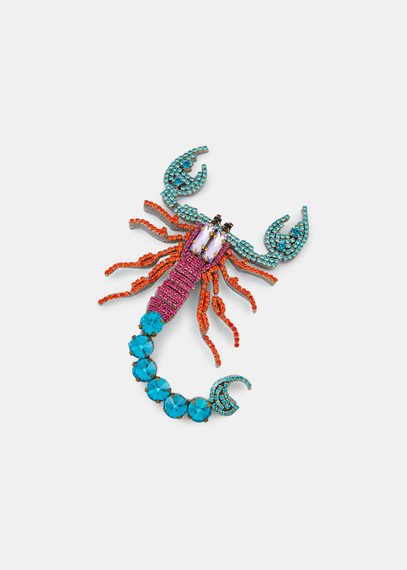 Broche scorpion en strass bleue, rose et orange