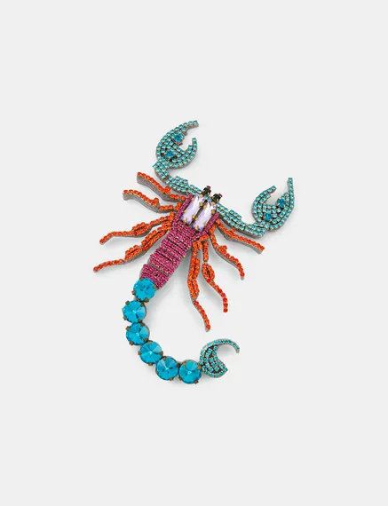 Broche scorpion en strass bleue, rose et orange