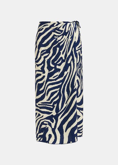 Navy blue and off-white zebra-print midi wrap skirt