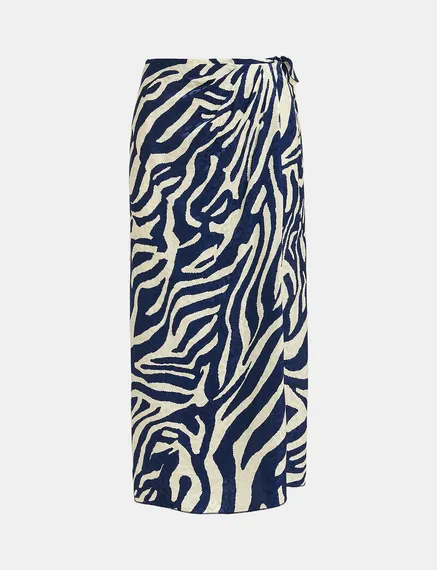 Navy blue and off-white zebra-print midi wrap skirt