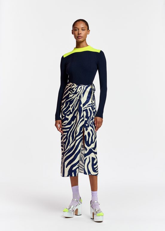 Navy blue and off-white zebra-print midi wrap skirt