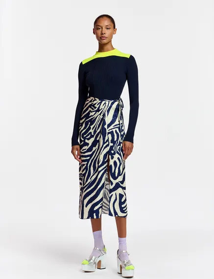 Navy blue and off-white zebra-print midi wrap skirt