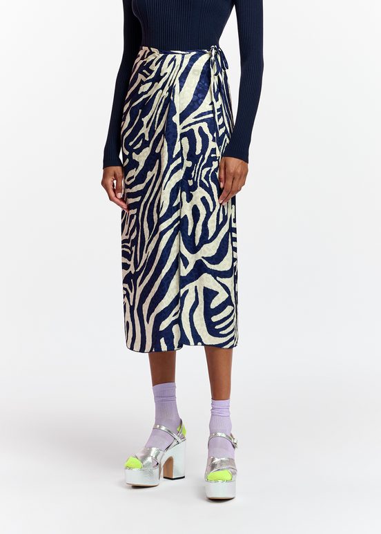 Navy blue and off-white zebra-print midi wrap skirt