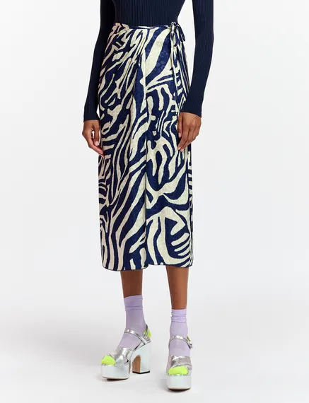 Navy blue and off-white zebra-print midi wrap skirt