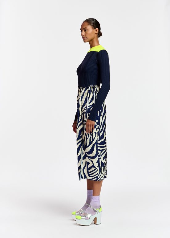 Navy blue and off-white zebra-print midi wrap skirt