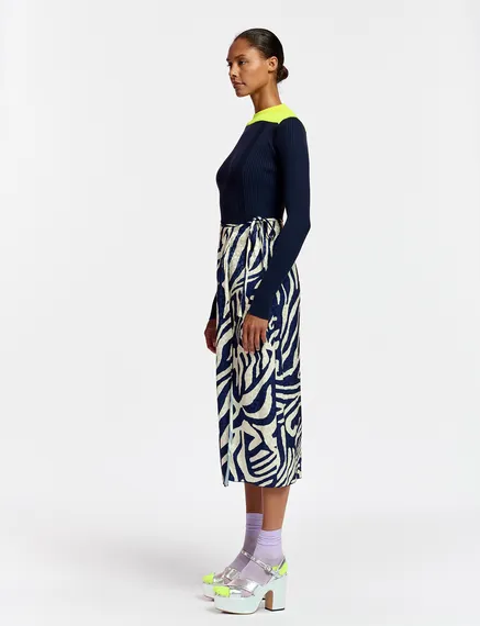 Navy blue and off-white zebra-print midi wrap skirt