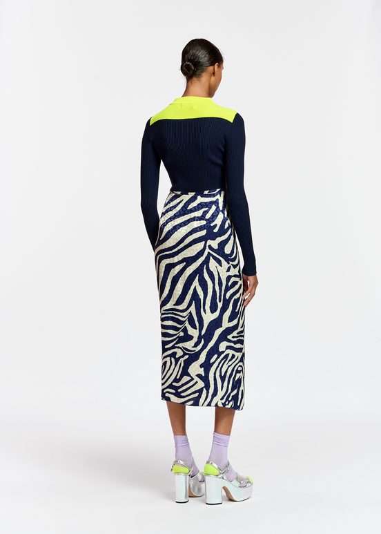 Navy blue and off-white zebra-print midi wrap skirt