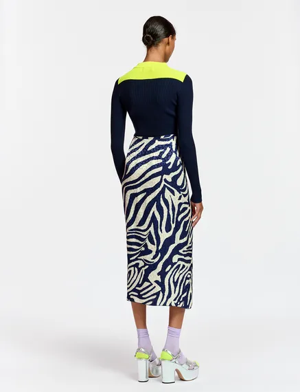 Navy blue and off-white zebra-print midi wrap skirt