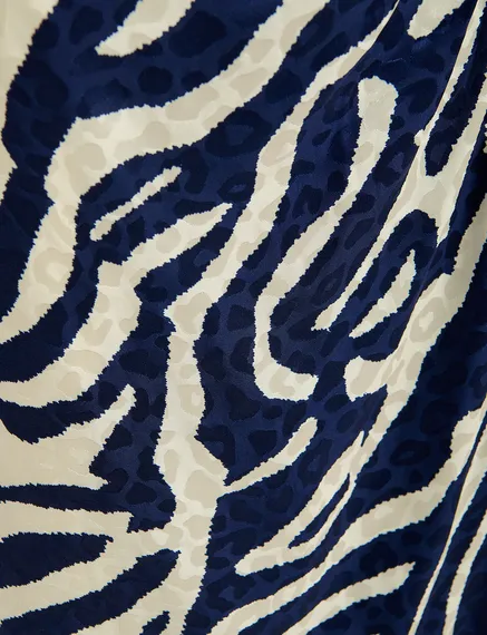 Navy blue and off-white zebra-print midi wrap skirt