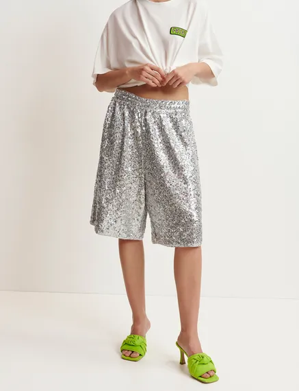 Silver sequin-embellished shorts