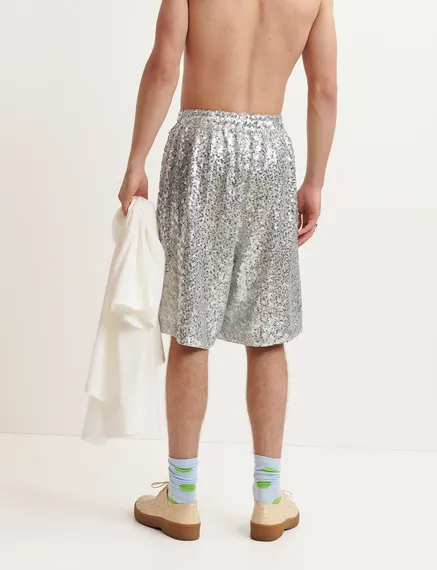 Silver sequin-embellished shorts