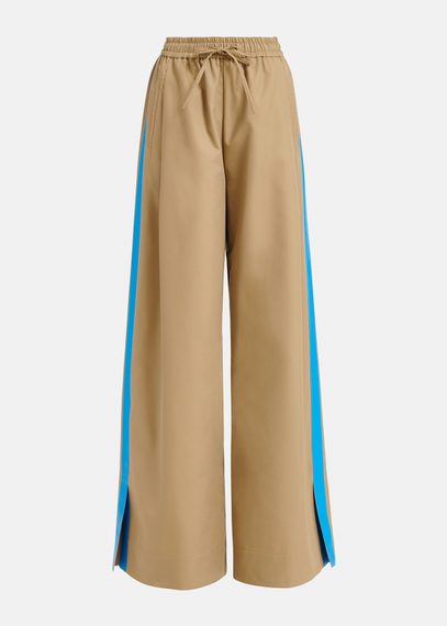 Beige wide-leg pants with blue stripes