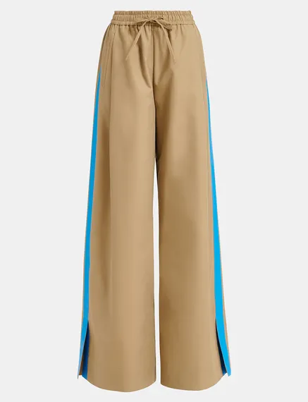 Beige wide-leg pants with blue stripes