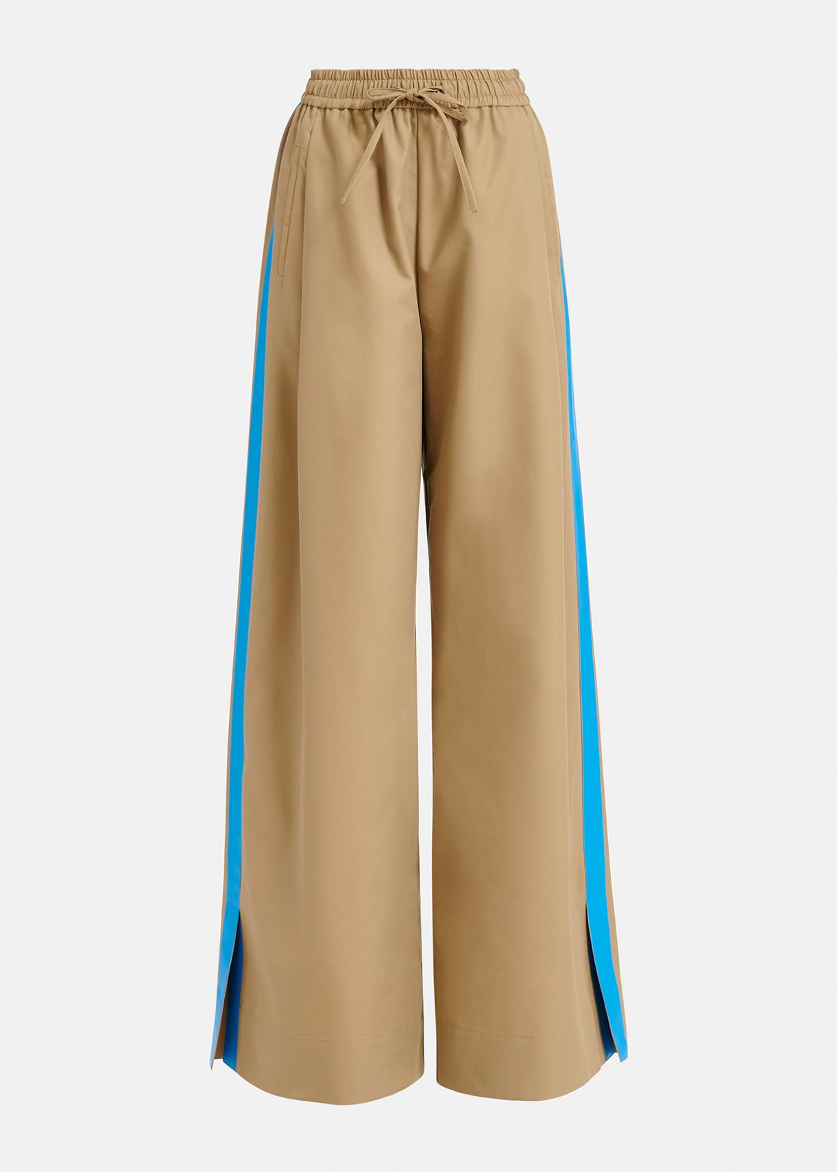 Beige wide-leg pants with blue stripes