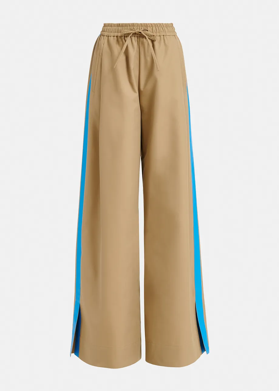 Beige wide-leg pants with blue stripes