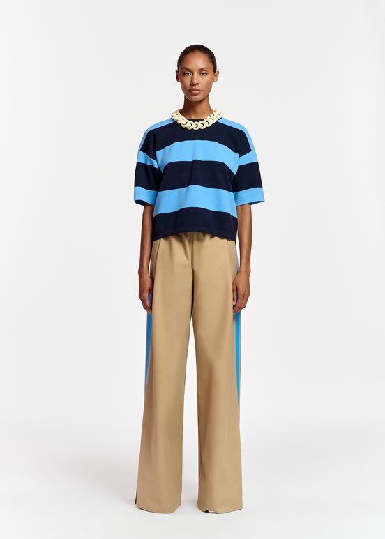 Beige wide-leg pants with blue stripes