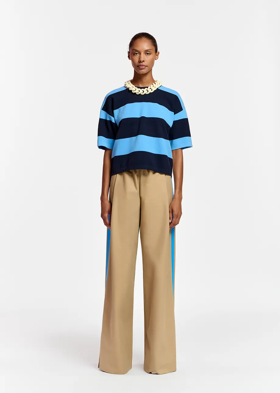 Beige wide-leg pants with blue stripes