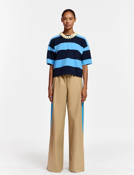 Beige wide-leg pants with blue stripes