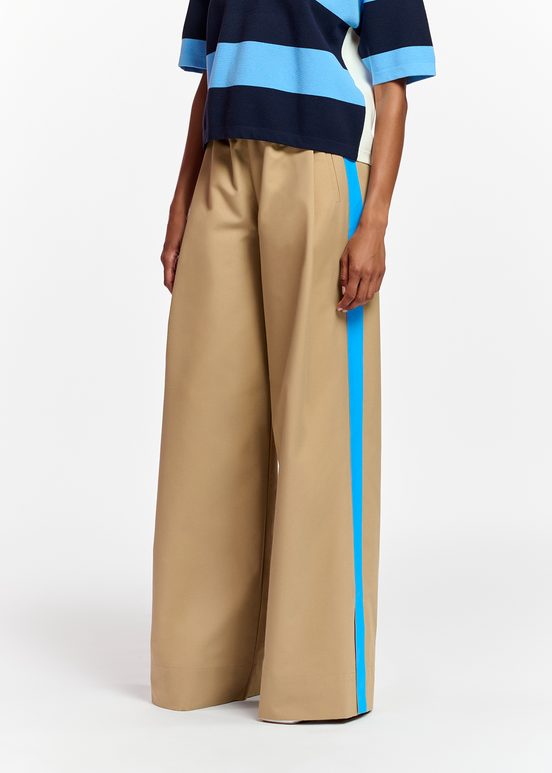 Beige wide-leg pants with blue stripes