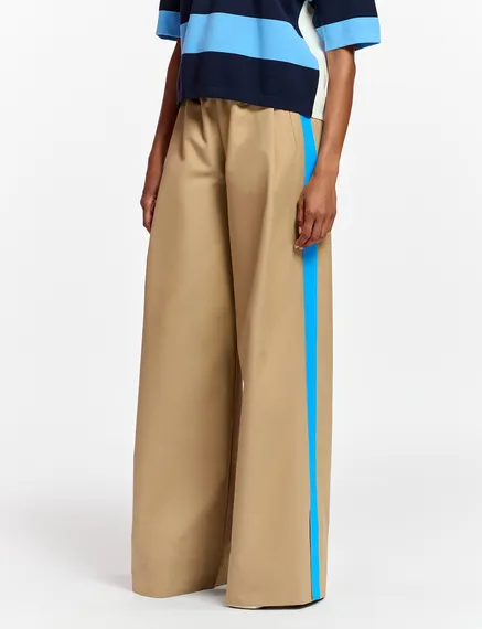 Beige wide-leg pants with blue stripes