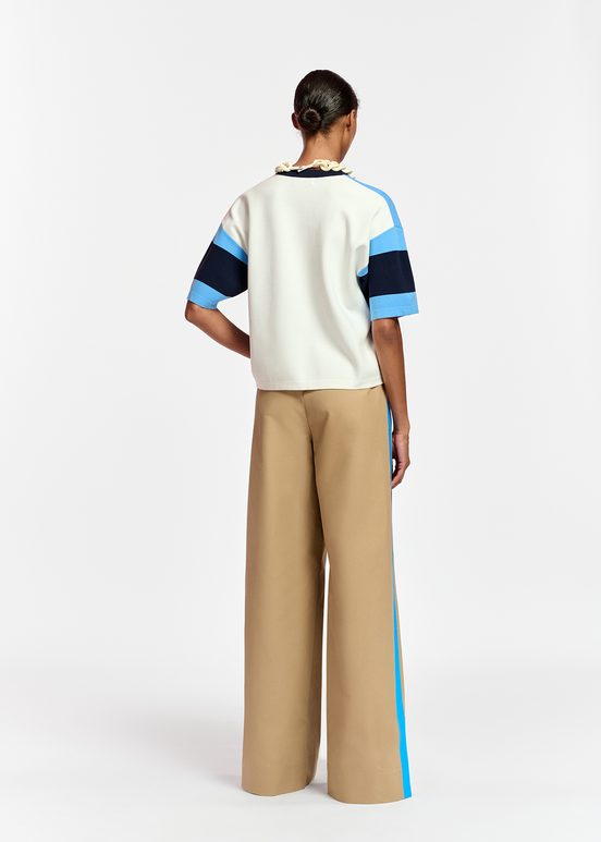 Beige wide-leg pants with blue stripes