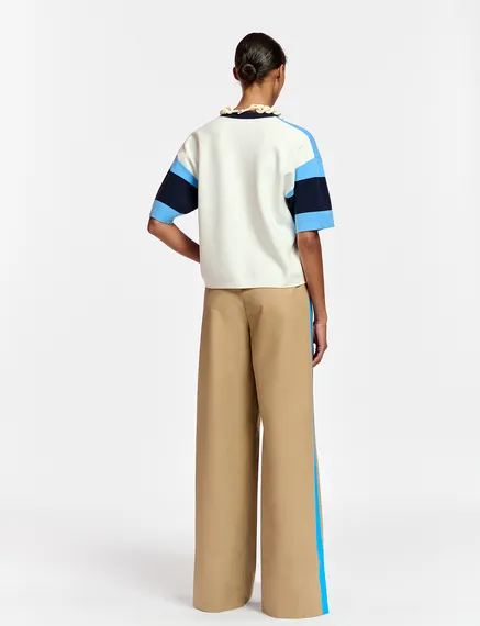 Beige wide-leg pants with blue stripes