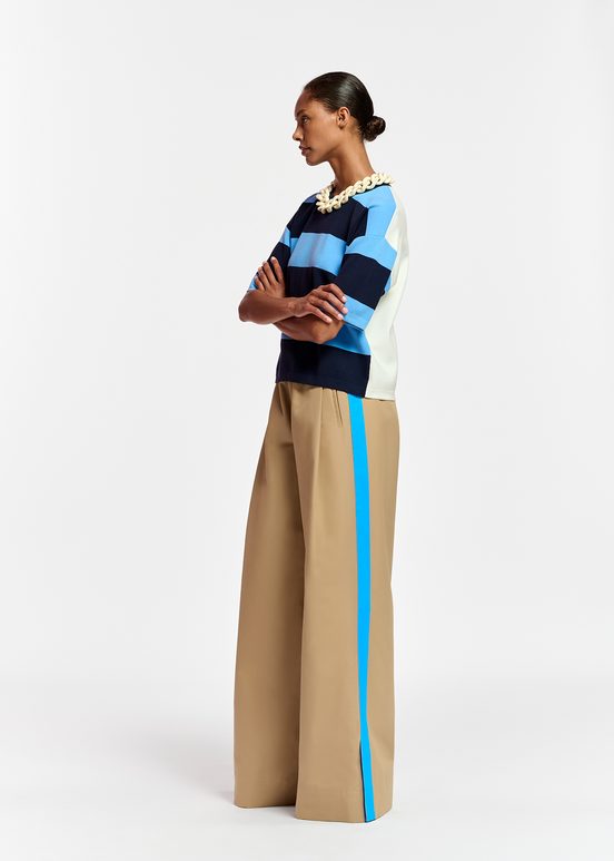 Beige wide-leg pants with blue stripes