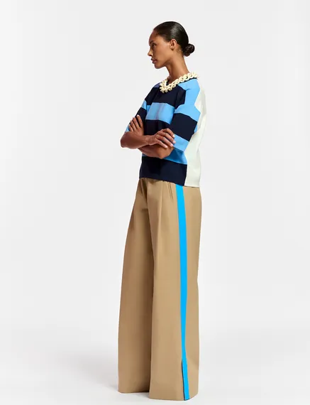 Beige wide-leg pants with blue stripes